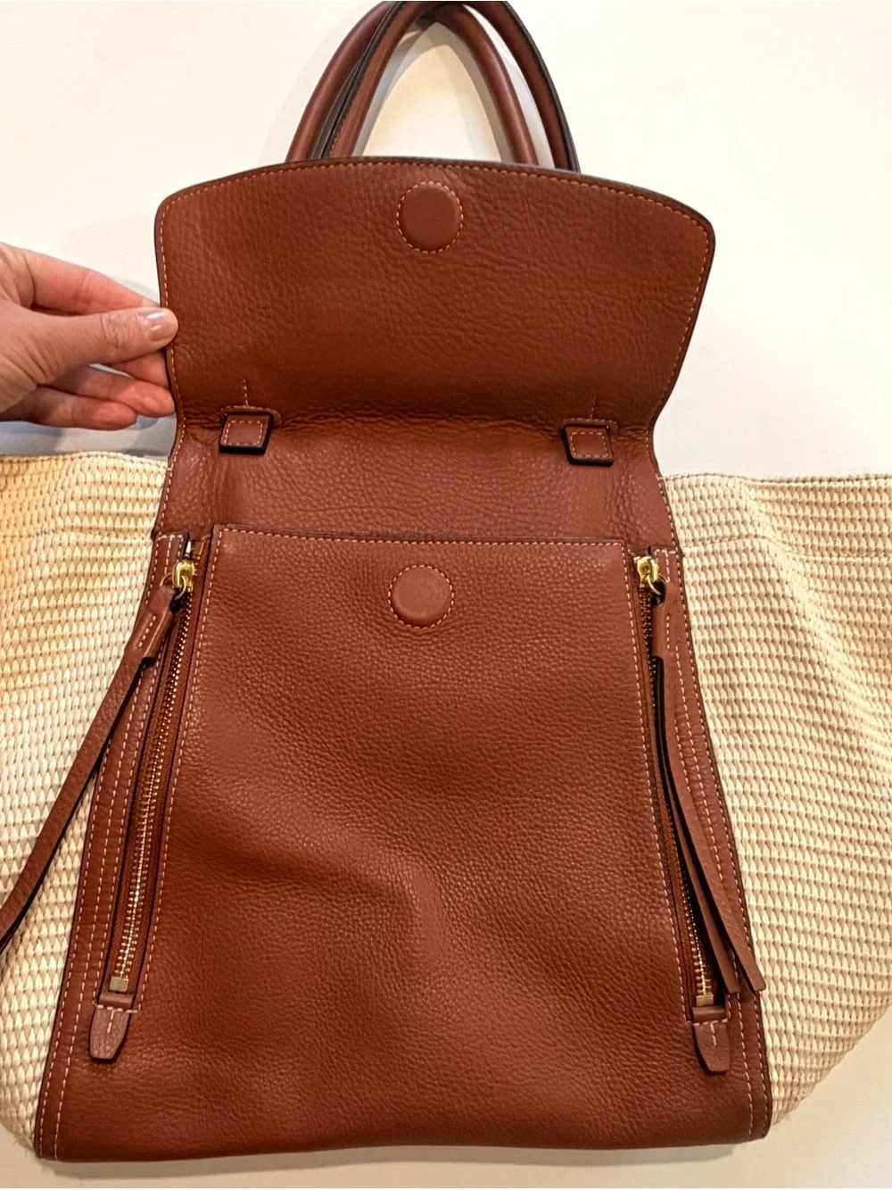 Tory Burch Half-Moon Straw & Leather Coastal Satchel Tote Bag - Tan/Cream